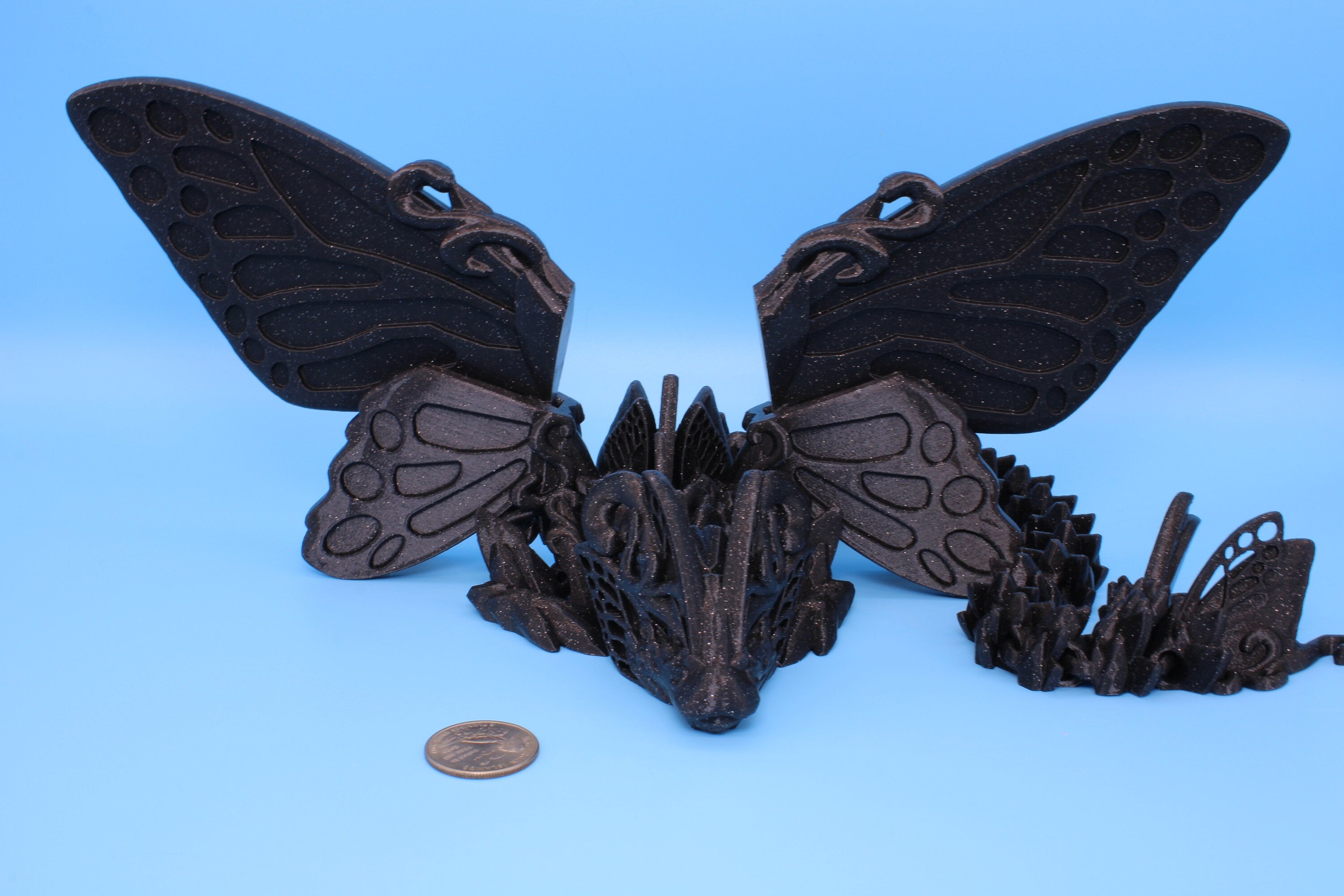 Butterfly Wing Dragon- Black Sparkle | 3D Printed Articulating Dragon 18 in.