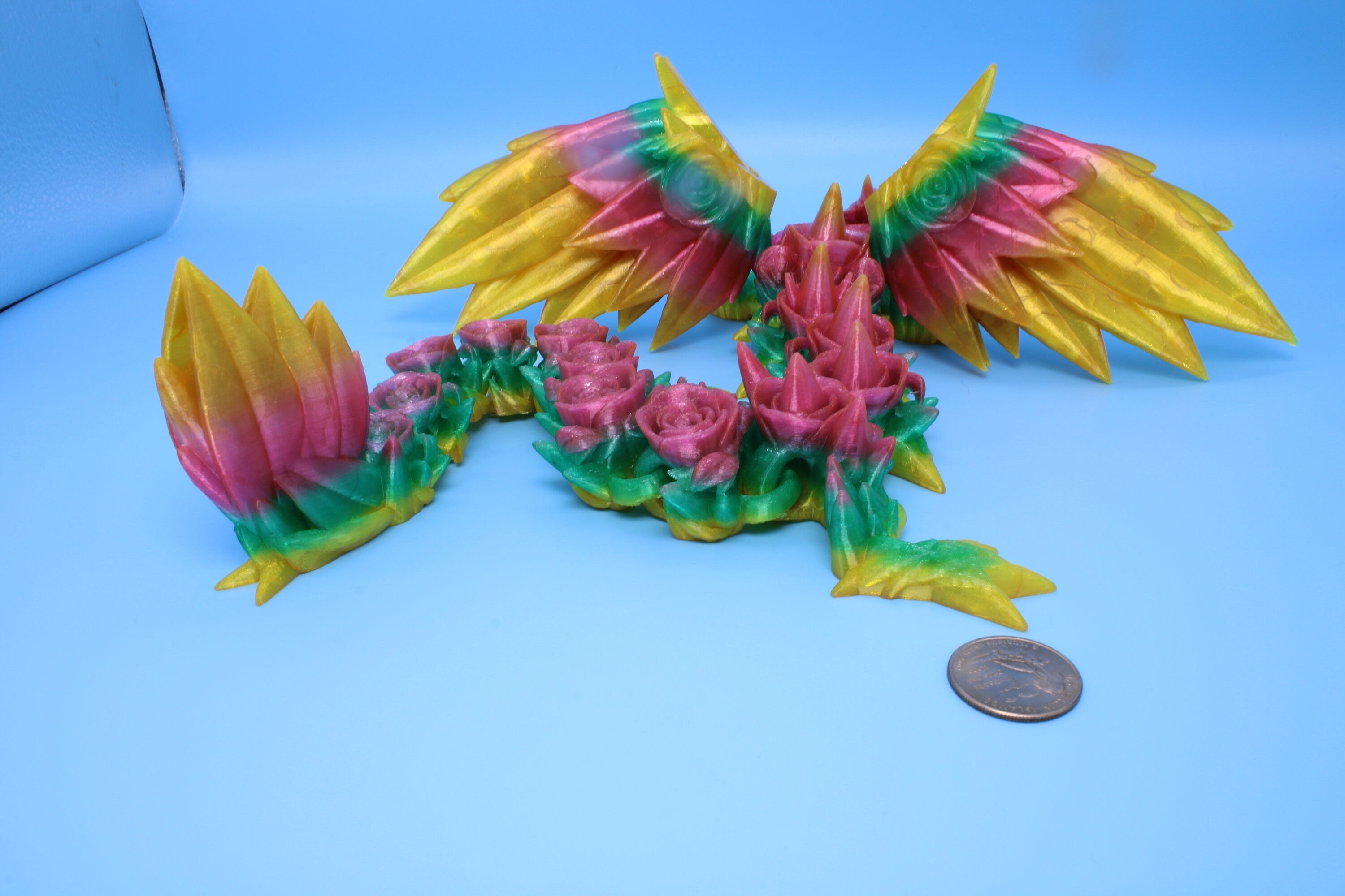 Flexible Rainbow Rose Wing Articulating Dragon | 3D Printed Fidget | Flexi Toy | Adult Fidget Toy | Sensory Desk Toy | 19 in. | (TPU).