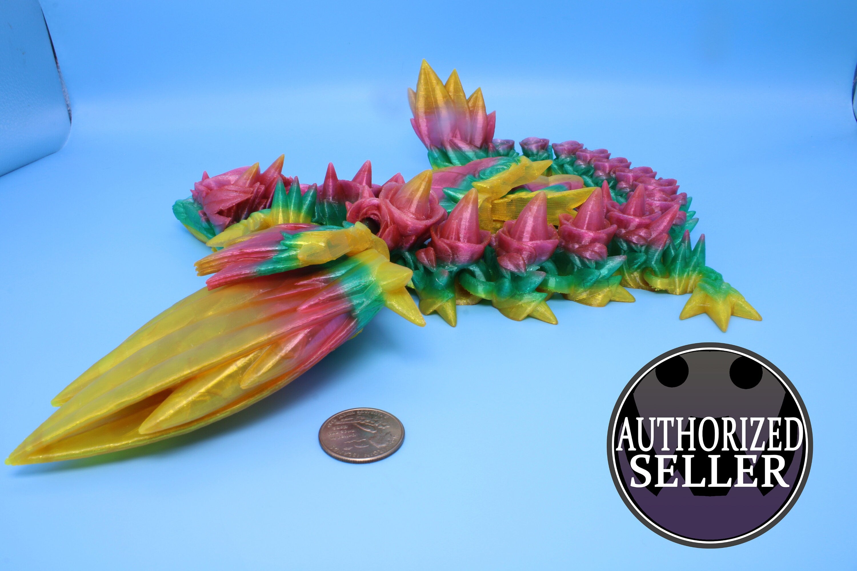 Flexible Rainbow Rose Wing Articulating Dragon | 3D Printed Fidget | Flexi Toy | Adult Fidget Toy | Sensory Desk Toy | 19 in. | (TPU).