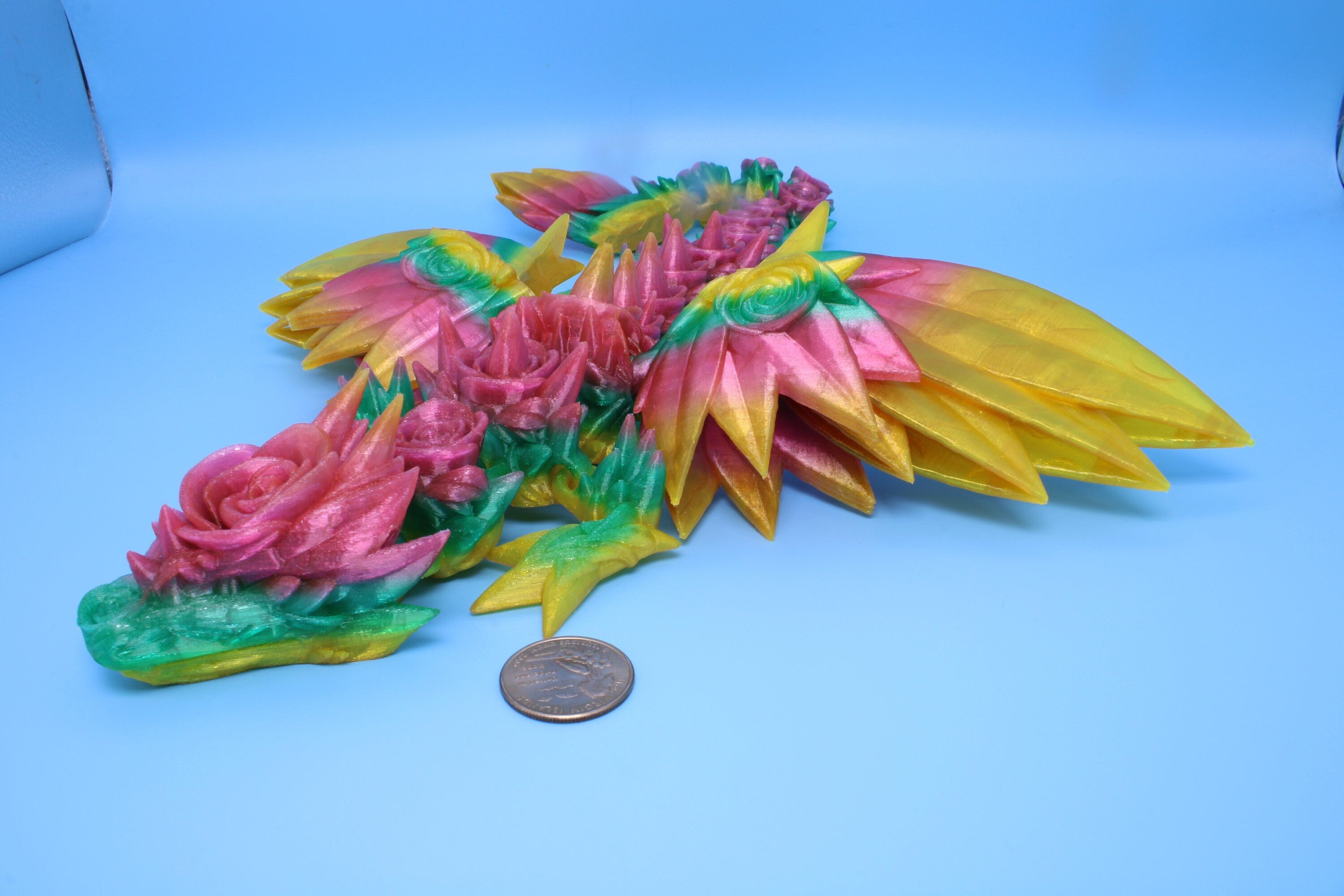 Flexible Rainbow Rose Wing Articulating Dragon | 3D Printed Fidget | Flexi Toy | Adult Fidget Toy | Sensory Desk Toy | 19 in. | (TPU).