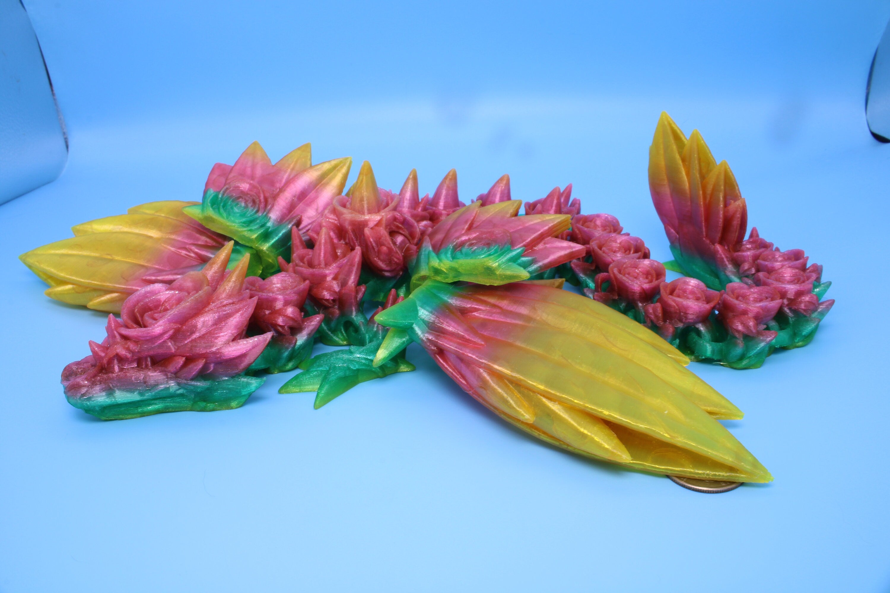 Flexible Rainbow Rose Wing Articulating Dragon | 3D Printed Fidget | Flexi Toy | Adult Fidget Toy | Sensory Desk Toy | 19 in. | (TPU).
