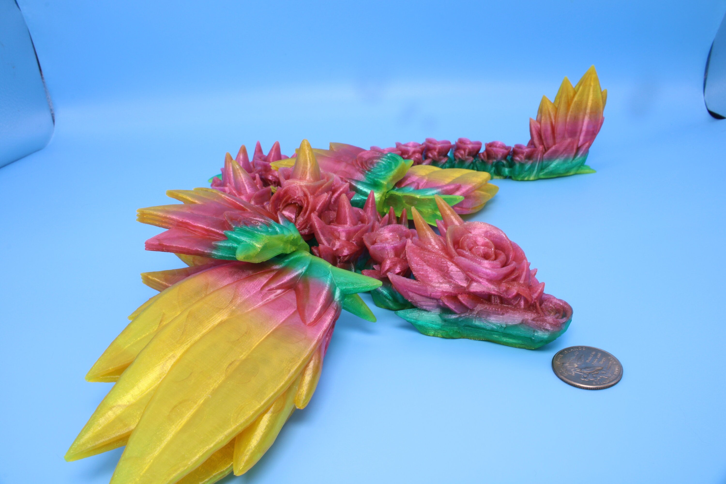 Flexible Rainbow Rose Wing Articulating Dragon | 3D Printed Fidget | Flexi Toy | Adult Fidget Toy | Sensory Desk Toy | 19 in. | (TPU).