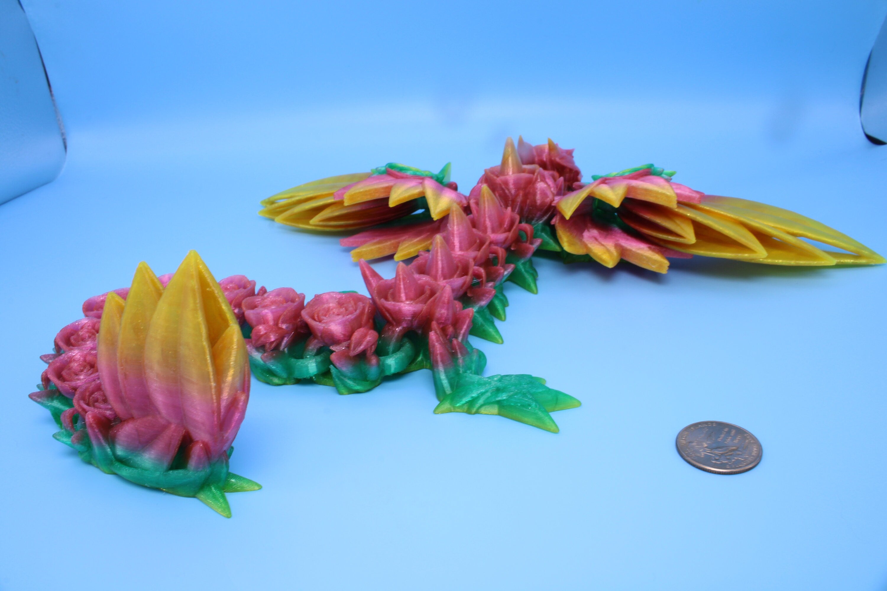 Flexible Rainbow Rose Wing Articulating Dragon | 3D Printed Fidget | Flexi Toy | Adult Fidget Toy | Sensory Desk Toy | 19 in. | (TPU).