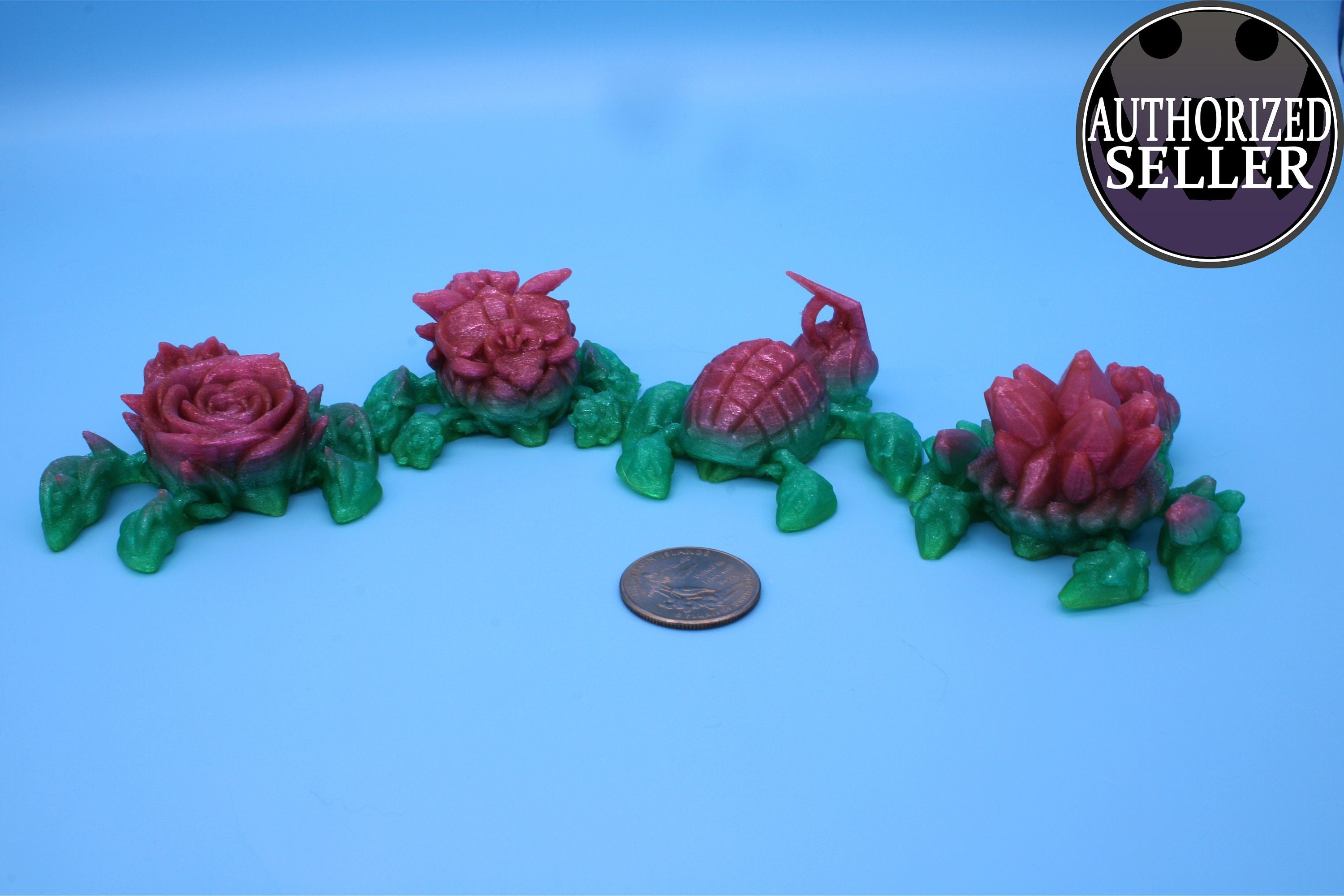 Miniature Turtle 4 Pack | 3D Printed | Grenurtle, Gem Stone, Roseurtle, Orchid Turtles | Fidget Toy | Flexi Turtle.