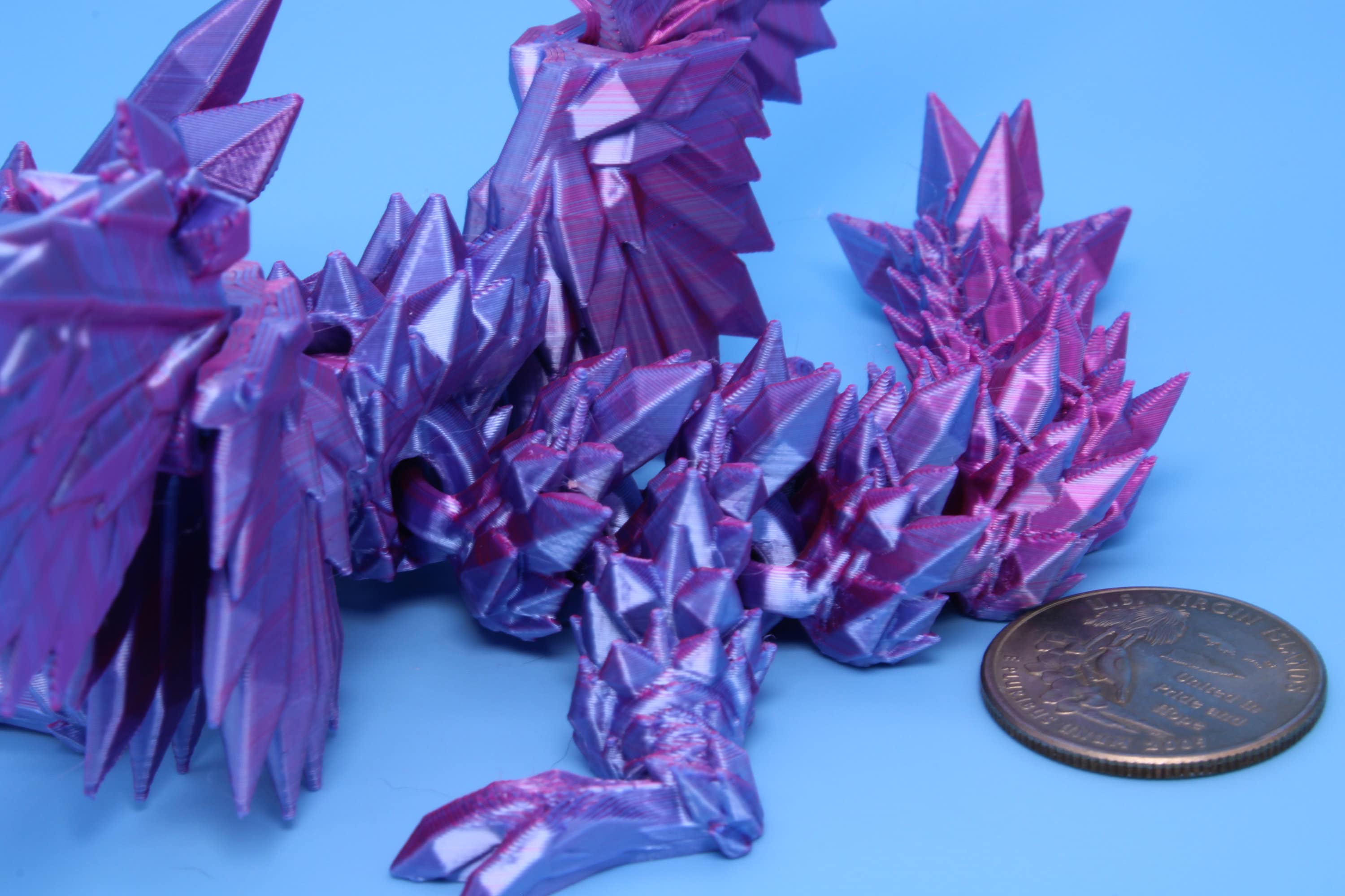 Baby Crystal Wing Dragon- Blue, Pink & Purple Tones | Miniature | 3D printed | Dragon Fidget | Flexi Toy | 7 in. | Pet Dragon.