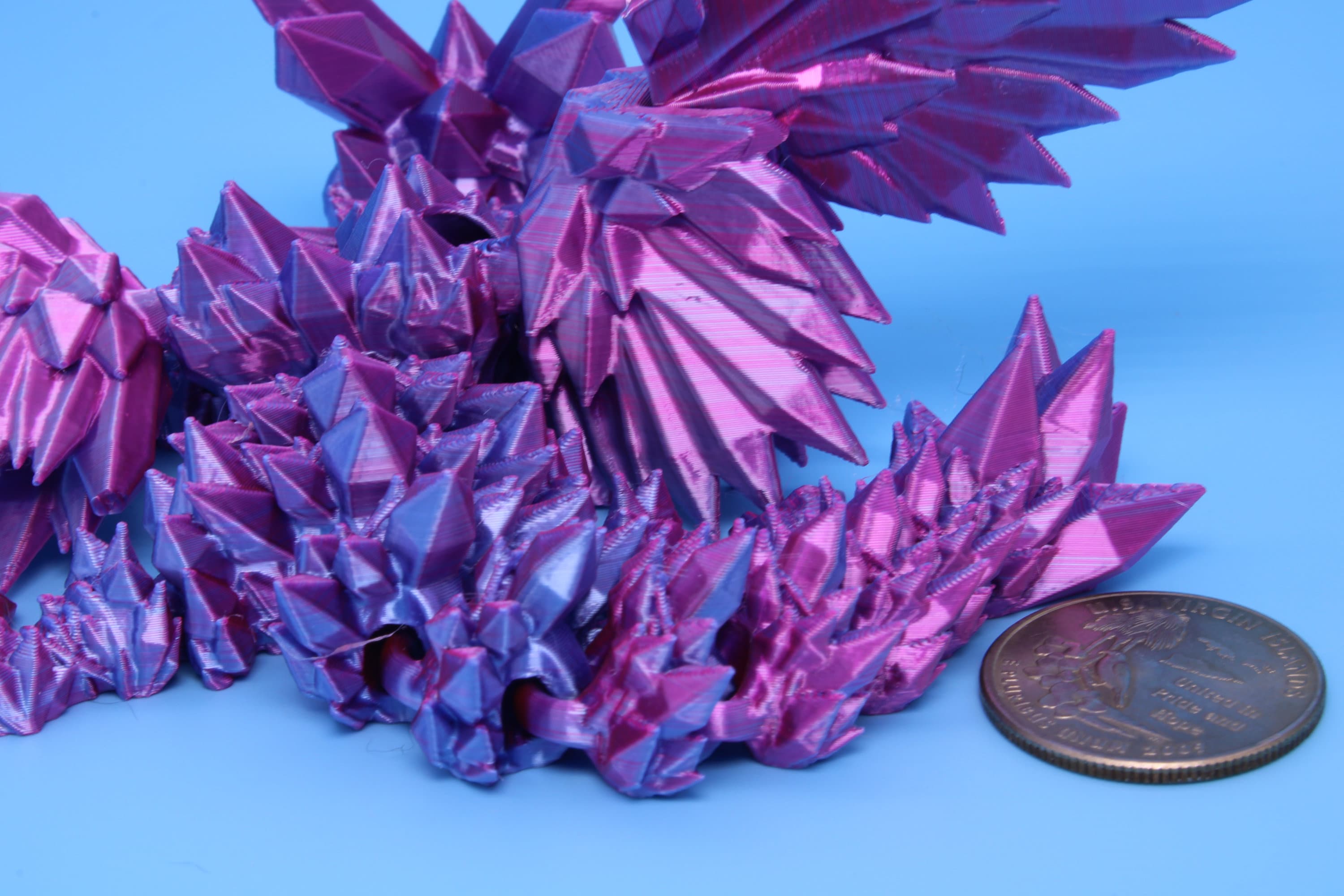 Baby Crystal Wing Dragon- Blue, Pink & Purple Tones | Miniature | 3D printed | Dragon Fidget | Flexi Toy | 7 in. | Pet Dragon.