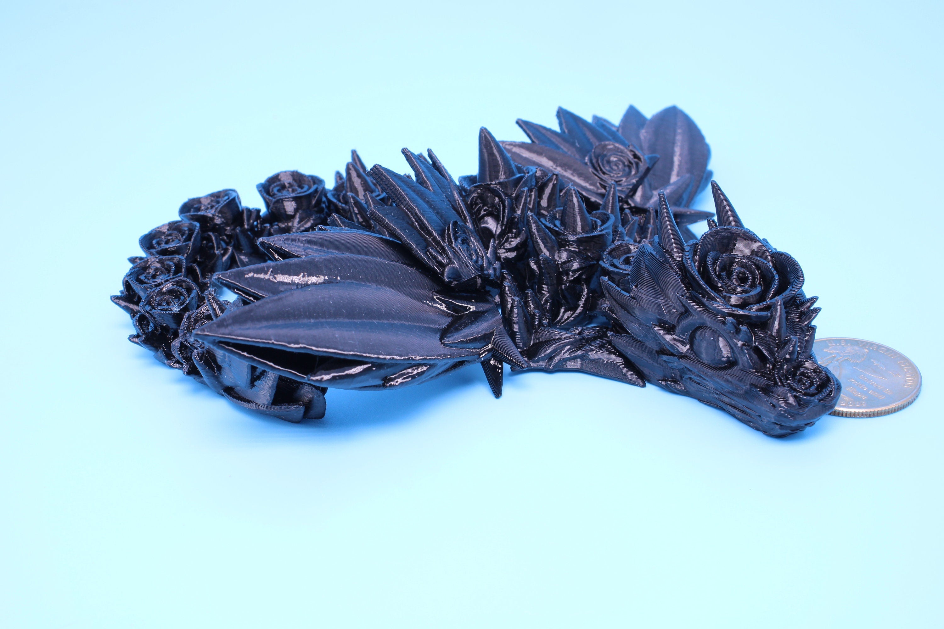 Baby Rose Wing Dragon | Black | 3D Printed | Fidget | Flexi Toy 8.5 in. | Stress Relief Gift