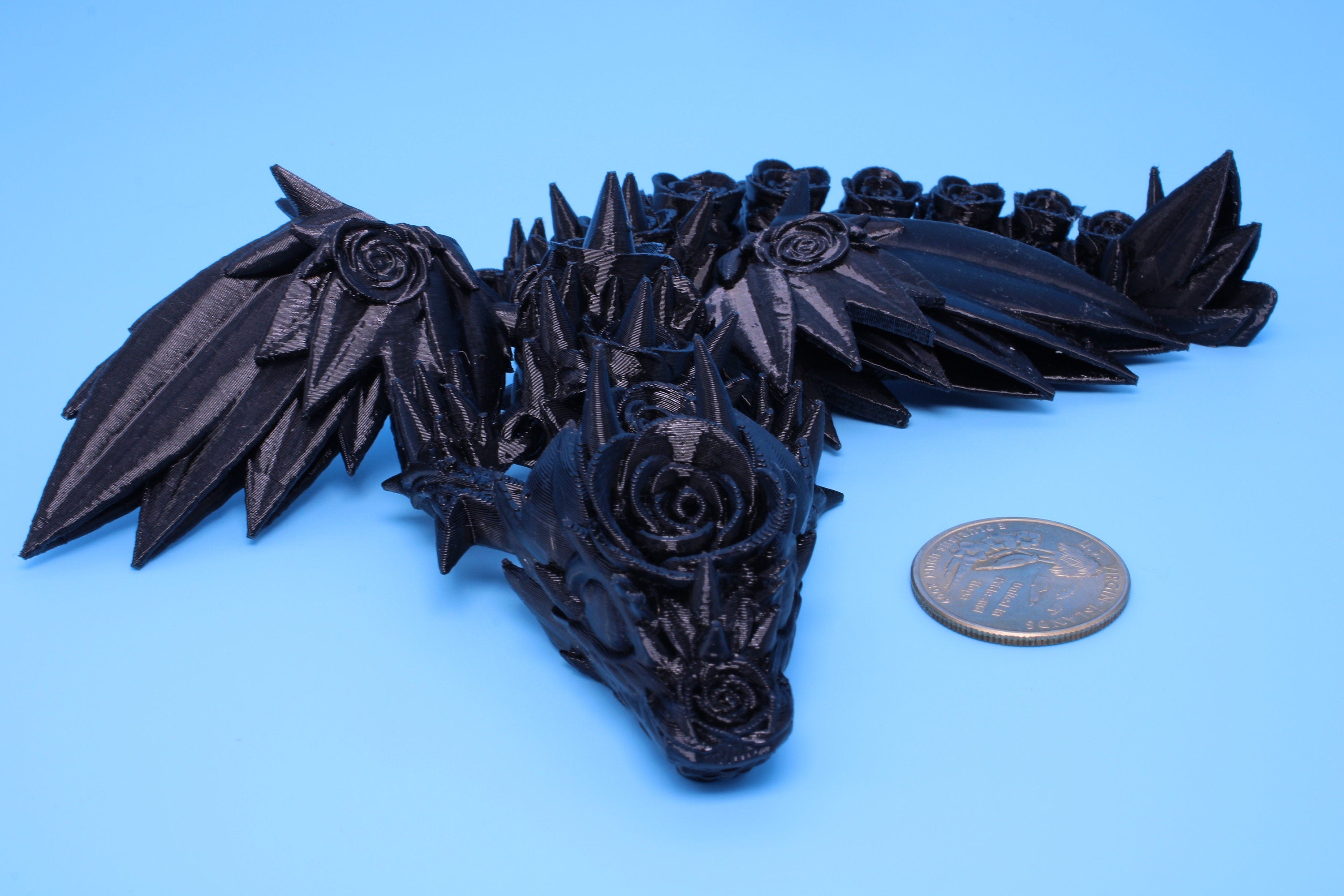Baby Rose Wing Dragon | Black | 3D Printed | Fidget | Flexi Toy 8.5 in. | Stress Relief Gift