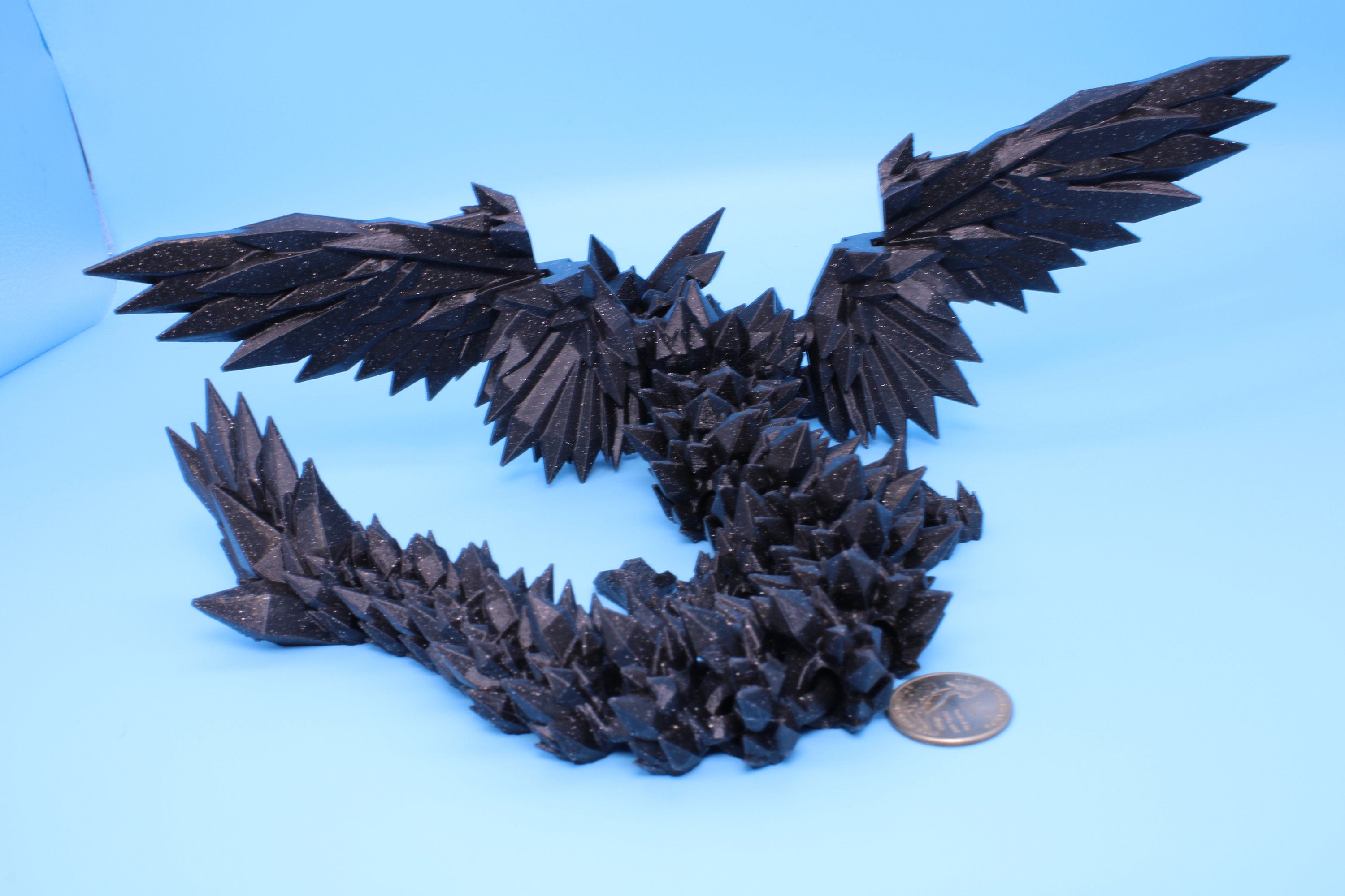 Crystal Wing Dragon- Black with Sparkles | 3D printed | 18 in. | Articulating Dragon | Flexi Toy.