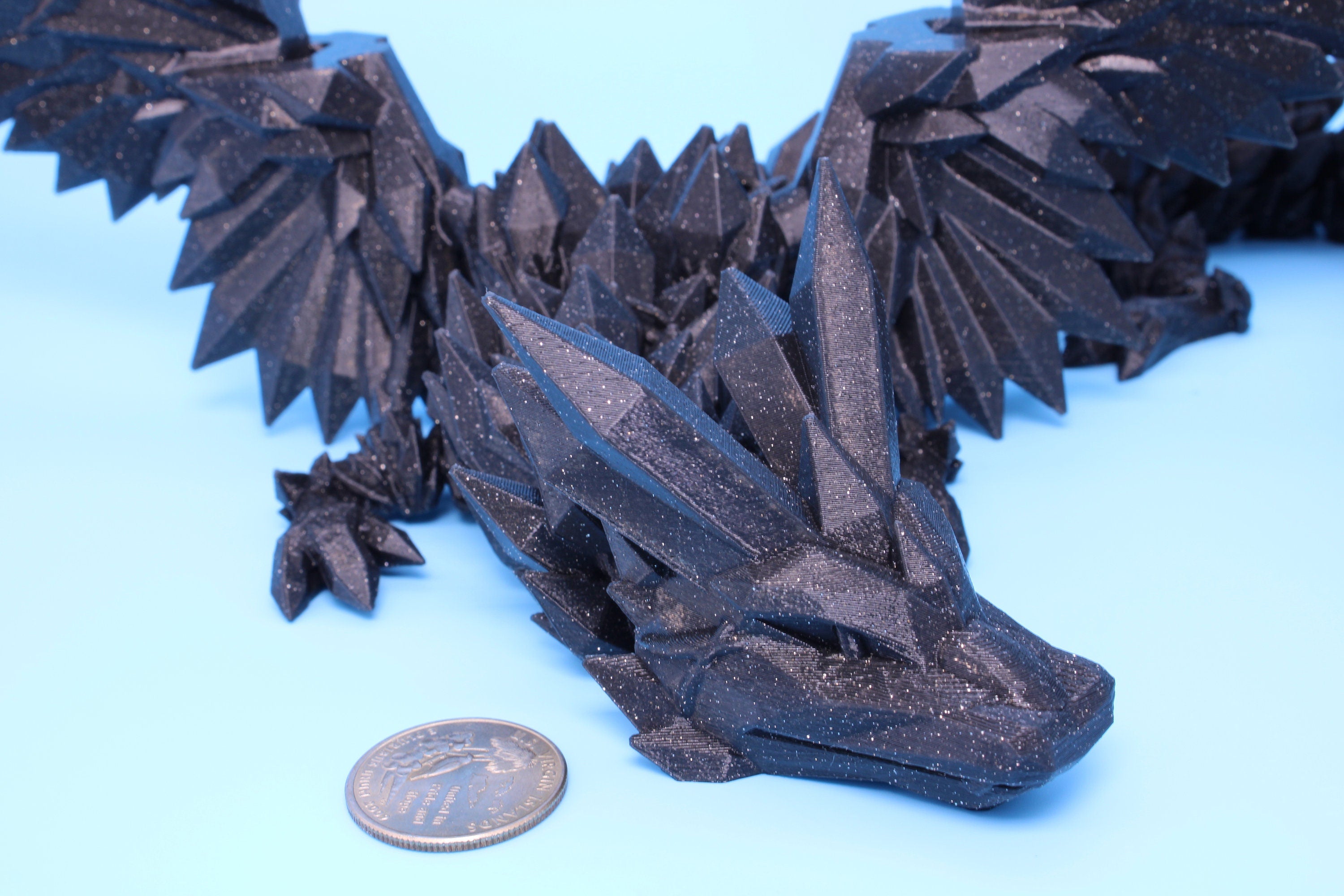 Crystal Wing Dragon- Black with Sparkles | 3D printed | 18 in. | Articulating Dragon | Flexi Toy.