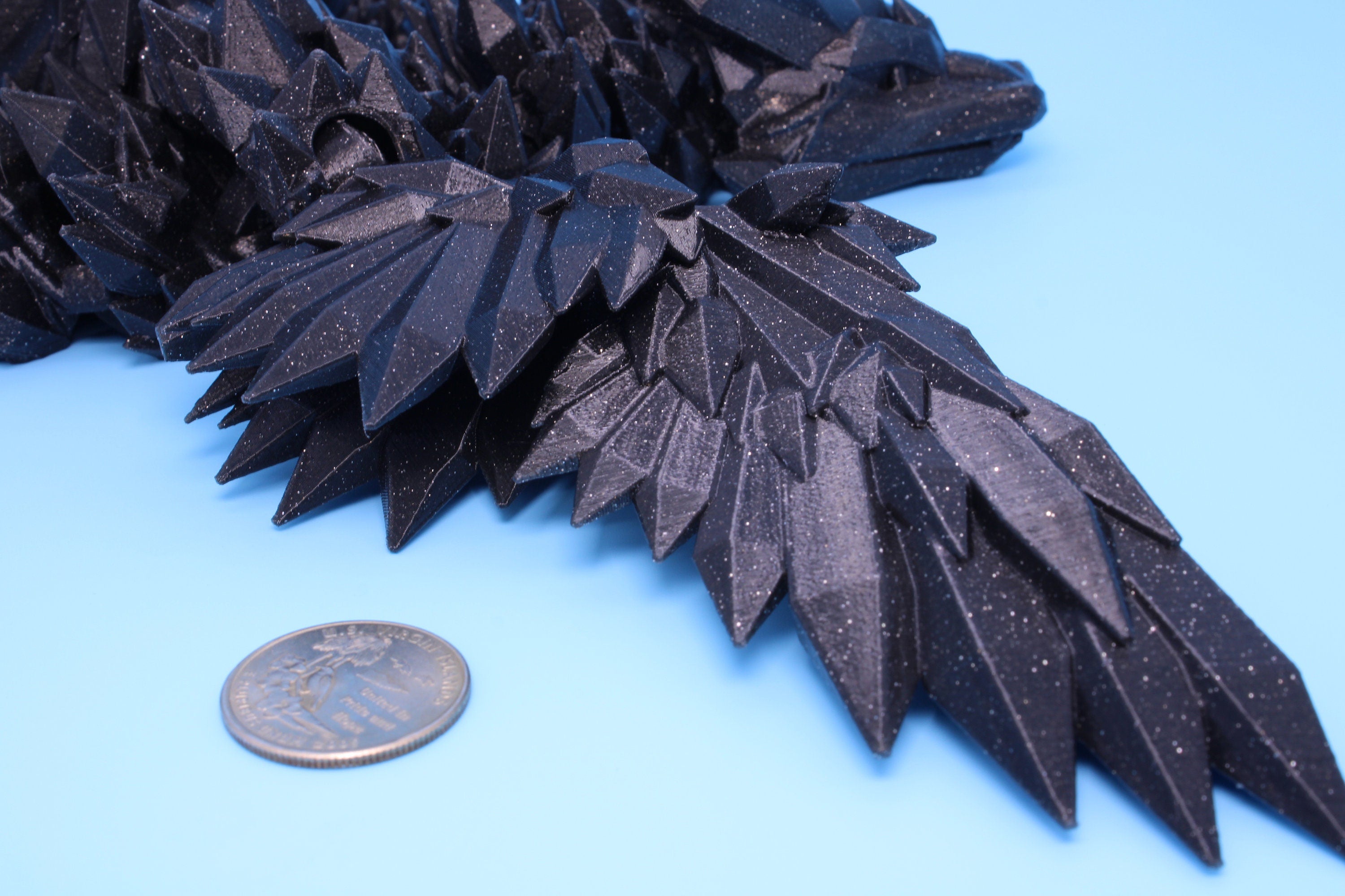 Crystal Wing Dragon- Black with Sparkles | 3D printed | 18 in. | Articulating Dragon | Flexi Toy.