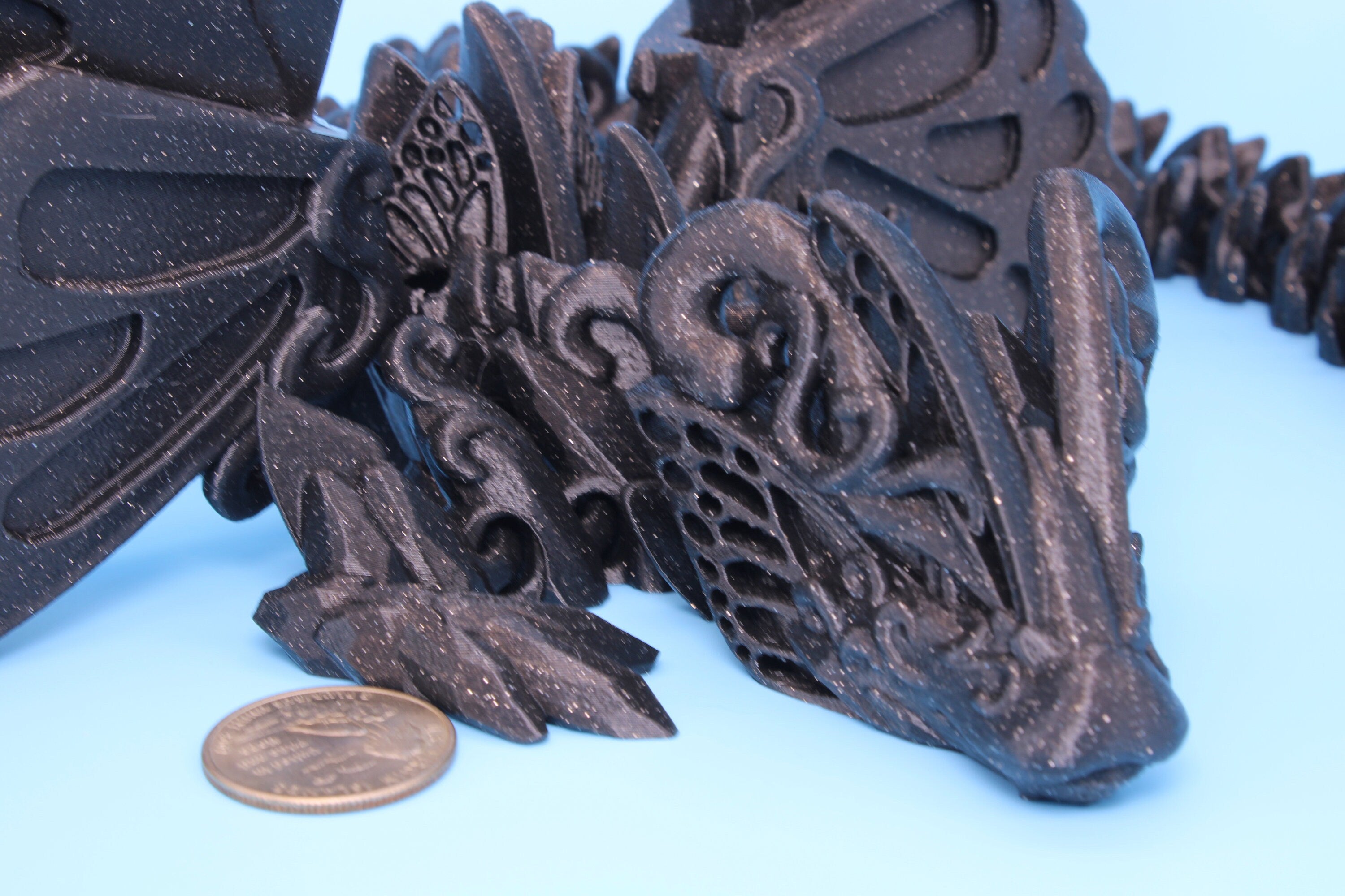 Butterfly Wing Dragon- Black Sparkle | 3D Printed Articulating Dragon 18 in.