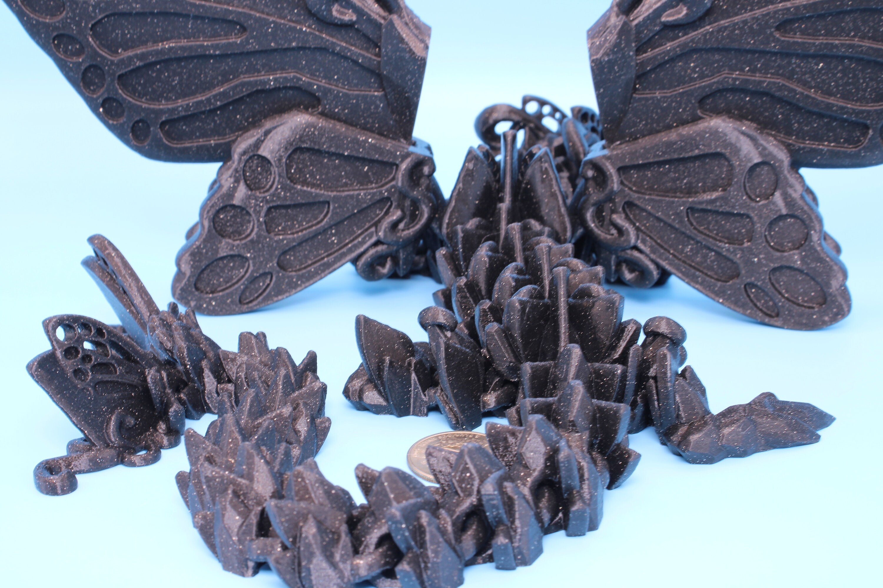 Butterfly Wing Dragon- Black Sparkle | 3D Printed Articulating Dragon 18 in.