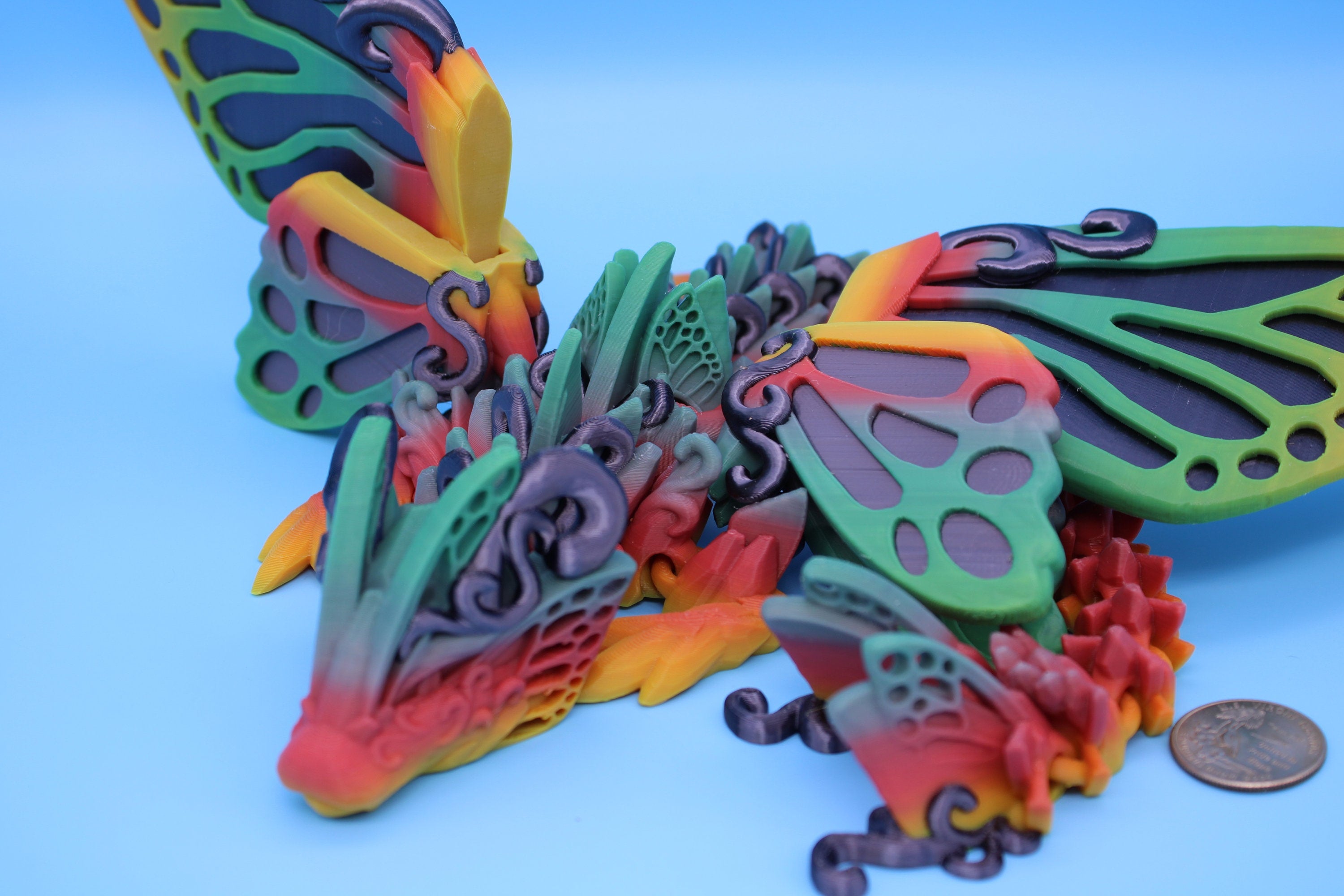 Butterfly Wing Dragon- Black Sparkle | 3D Printed Articulating Dragon 18 in.