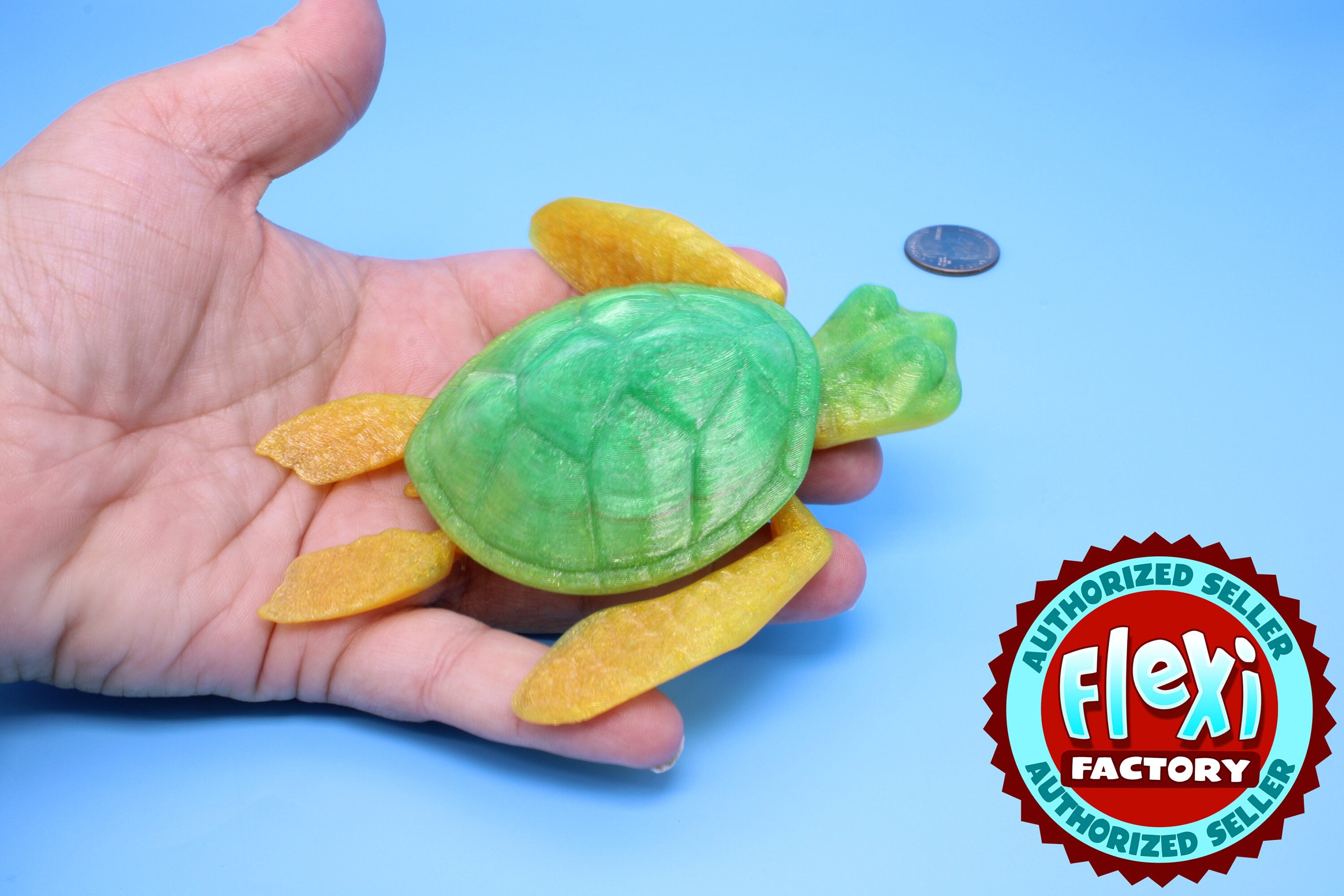 Turtle- Green & Gold | Cute Flexi Toy | Articulating Turtle | 3D printed 4.75 in. | TPU