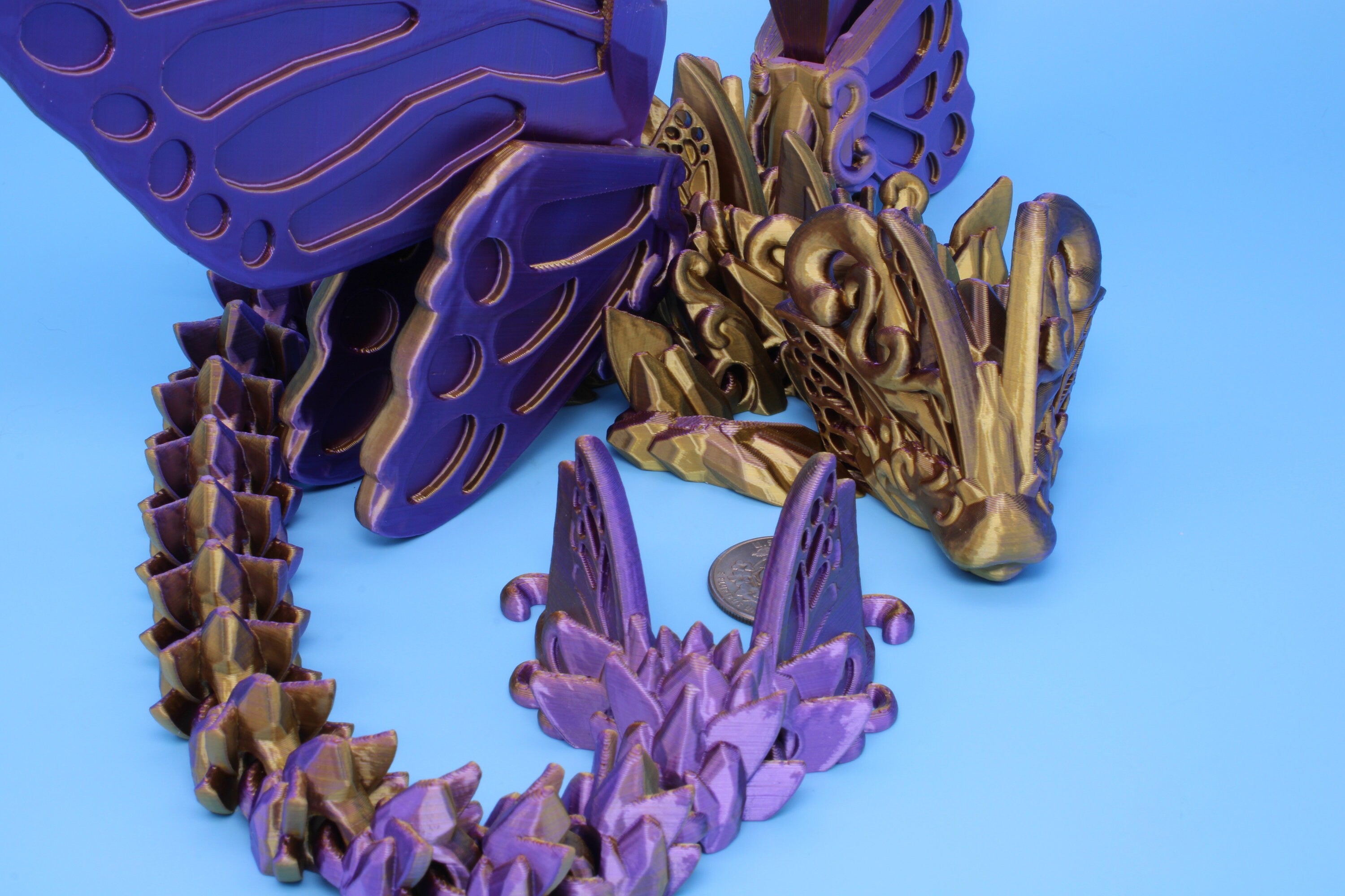 Butterfly Wing Dragon- Purple & Gold | 3D Printed Articulating Dragon 18 in.