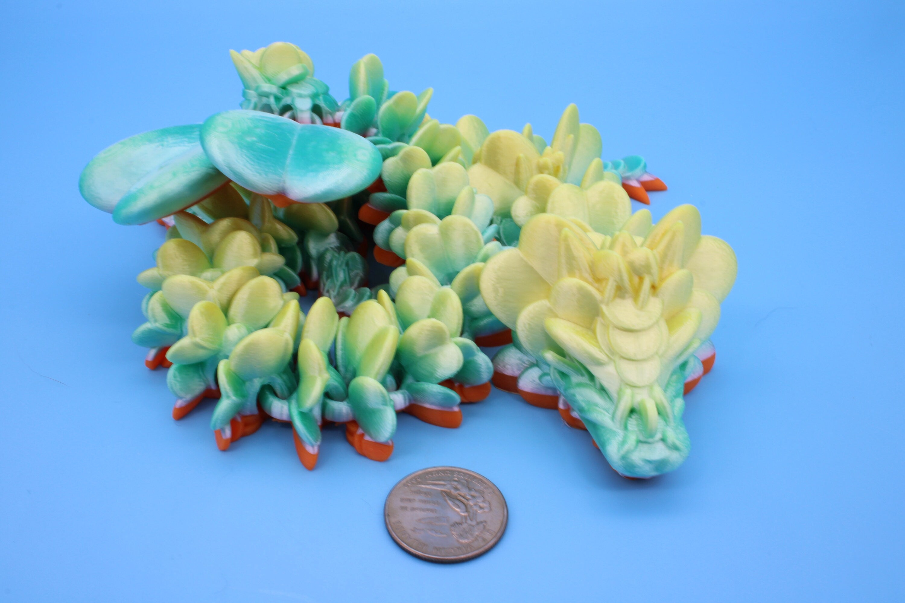 Clover Dragon | Rainbow | 3D printed Articulating Dragon Fidget Toy | Flexi | 19 in. Lucky Dragon | Four Leaf Clover Dragon.
