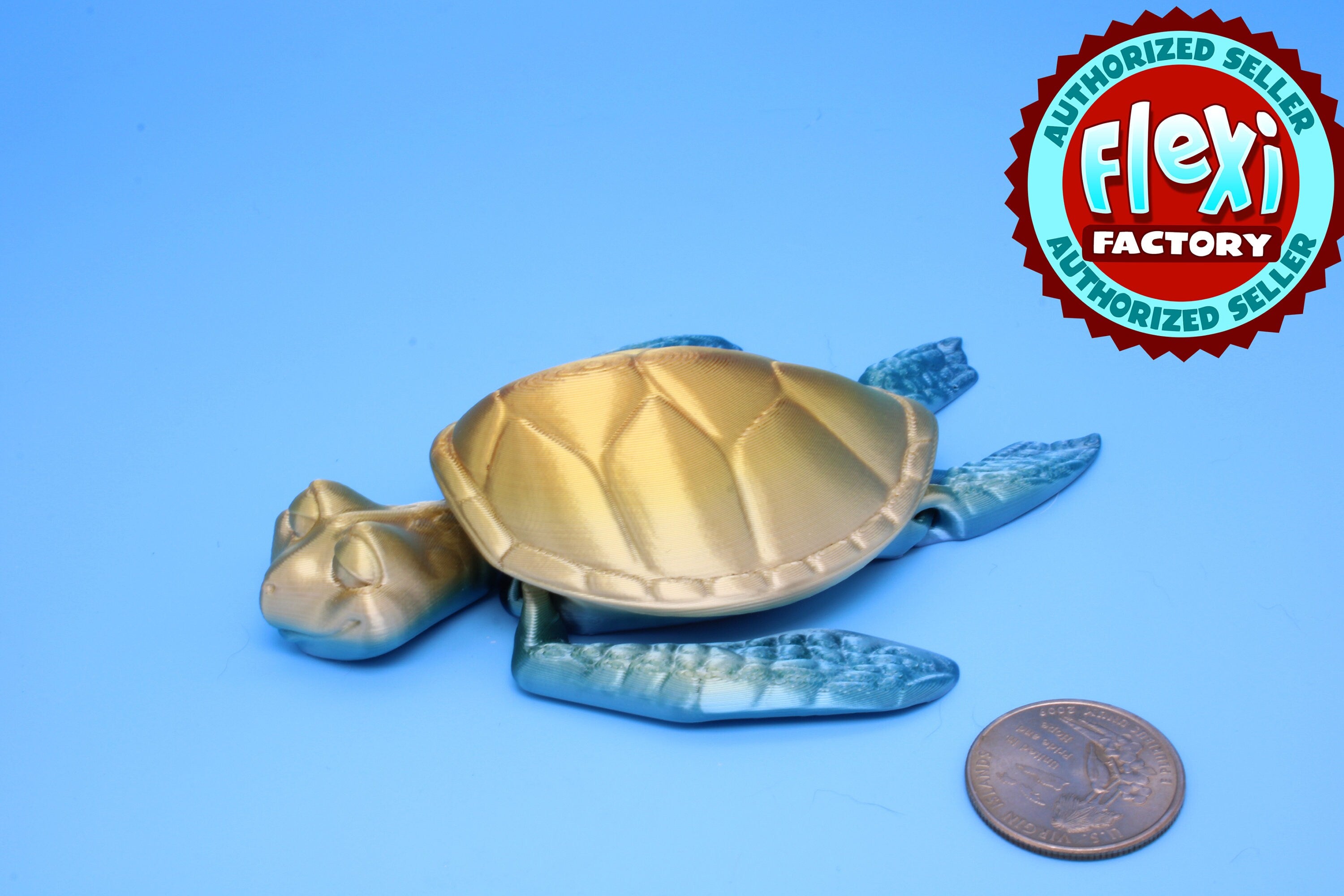 Turtle- Blue & Gold | Cute Flexi Toy | Articulating Turtle | 3D printed 4.75 in.