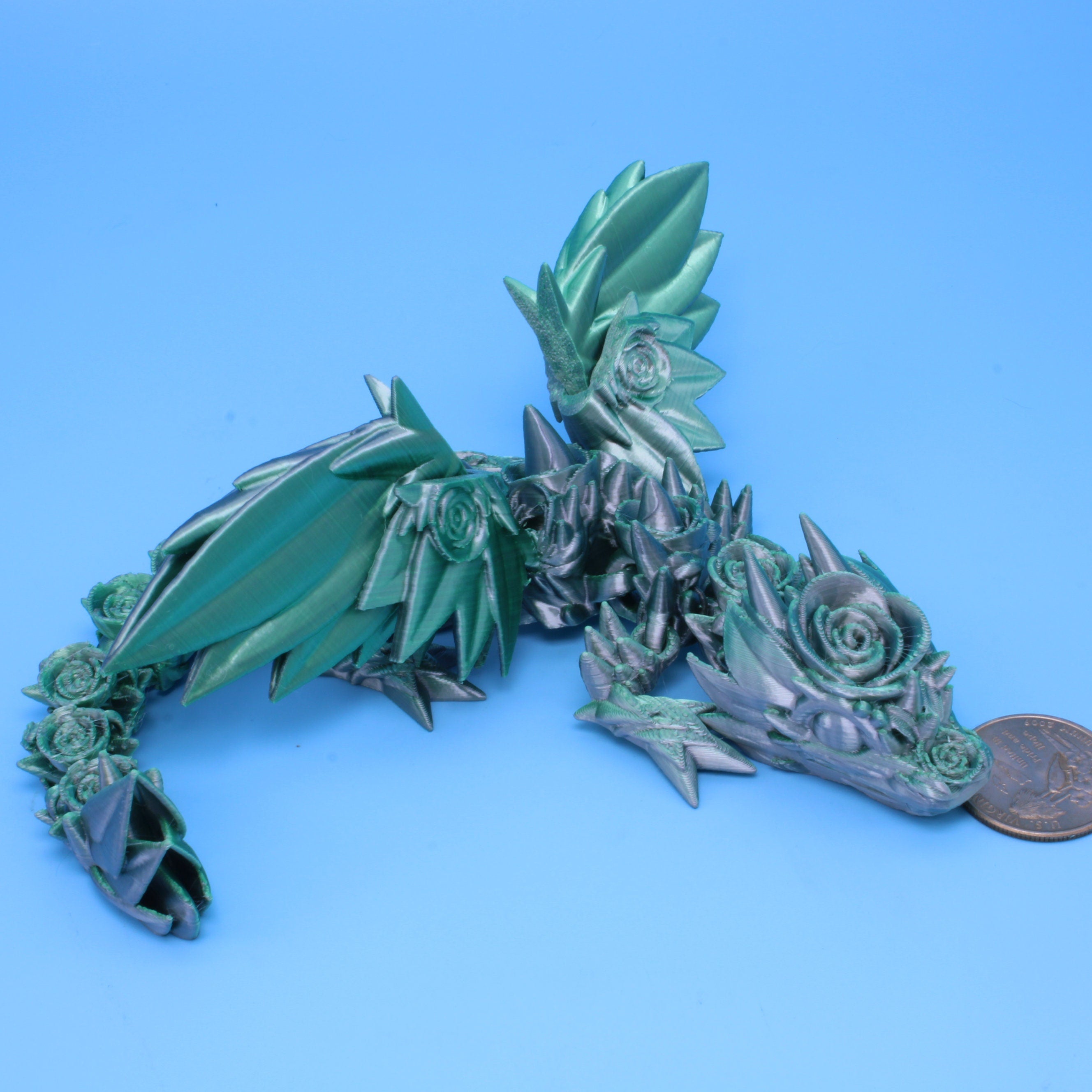 Baby Rose Wing Dragon | Green / Silver | 3D Printed 8.5 in.