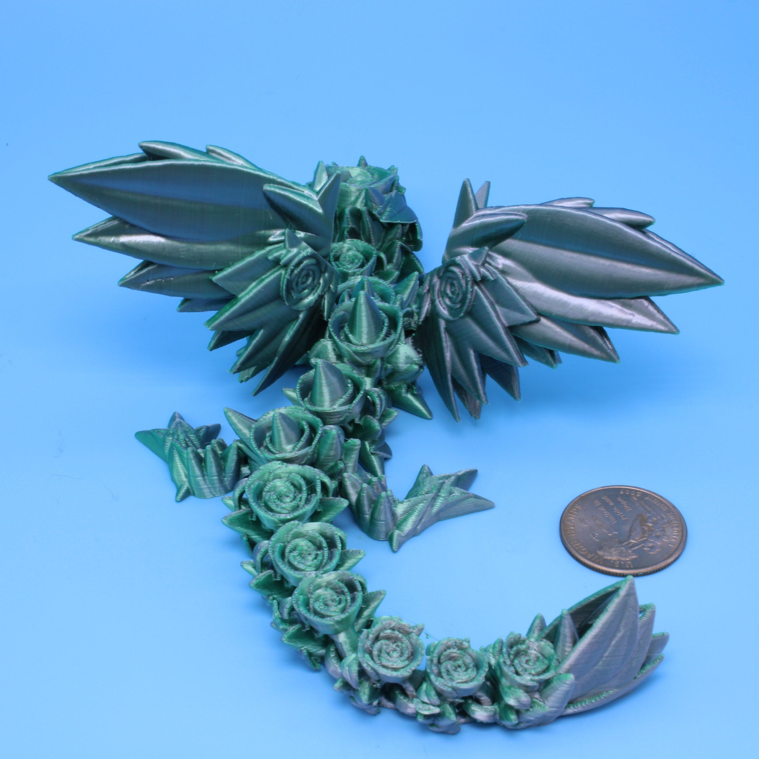 Baby Rose Wing Dragon | Green / Silver | 3D Printed 8.5 in.