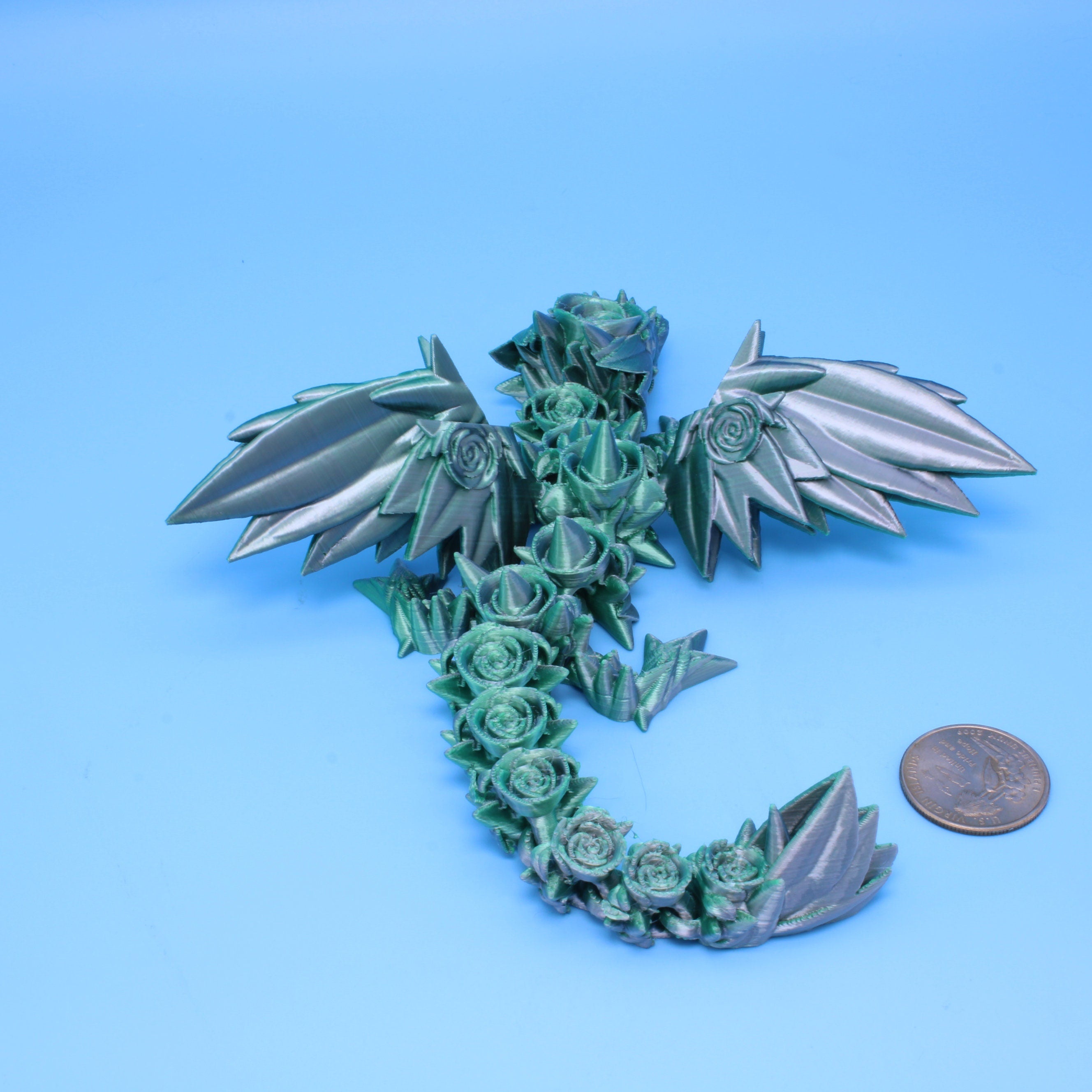 Baby Rose Wing Dragon | Green / Silver | 3D Printed 8.5 in.