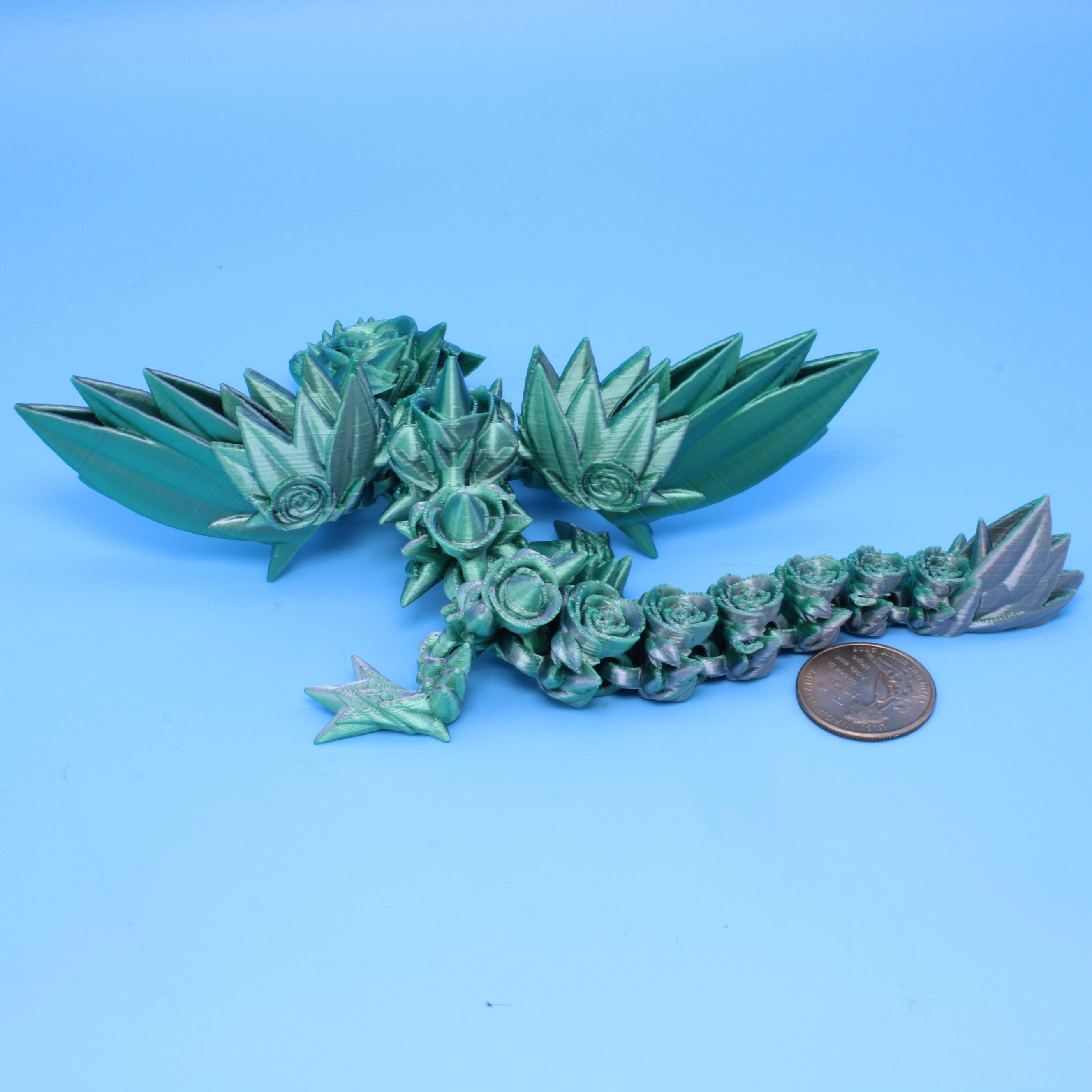 Baby Rose Wing Dragon | Green / Silver | 3D Printed 8.5 in.