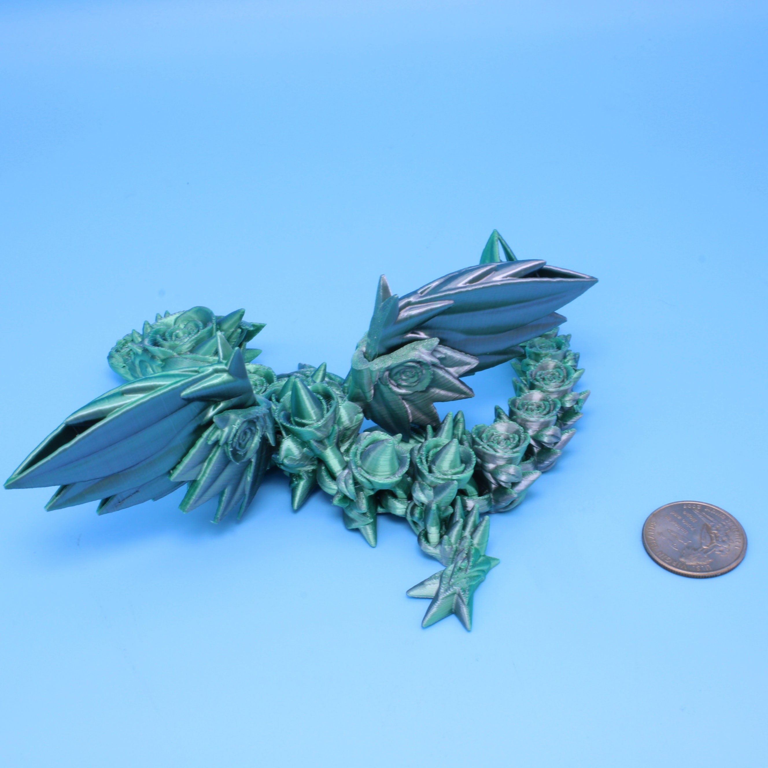 Baby Rose Wing Dragon | Green / Silver | 3D Printed 8.5 in.