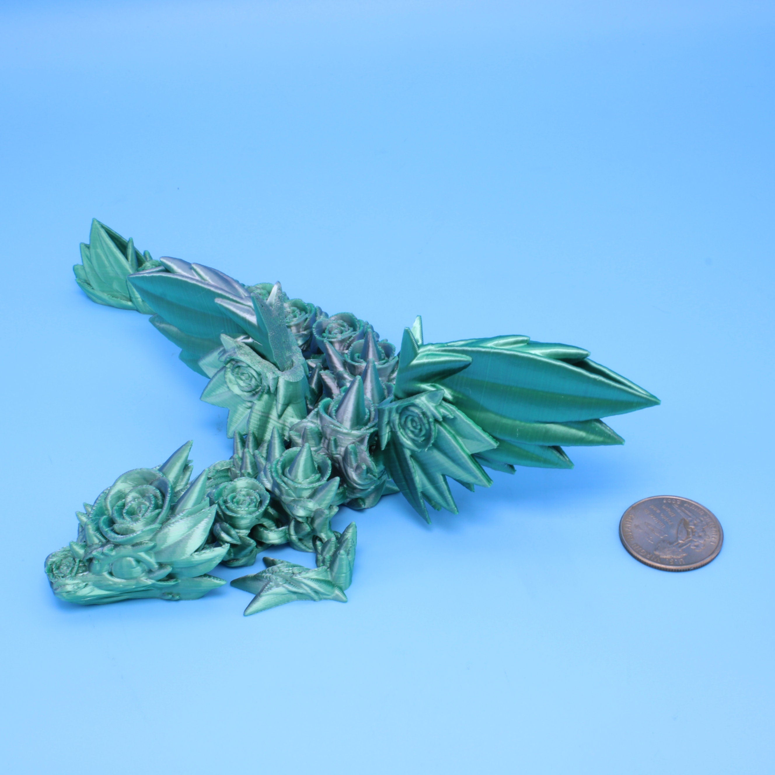 Baby Rose Wing Dragon | Green / Silver | 3D Printed 8.5 in.