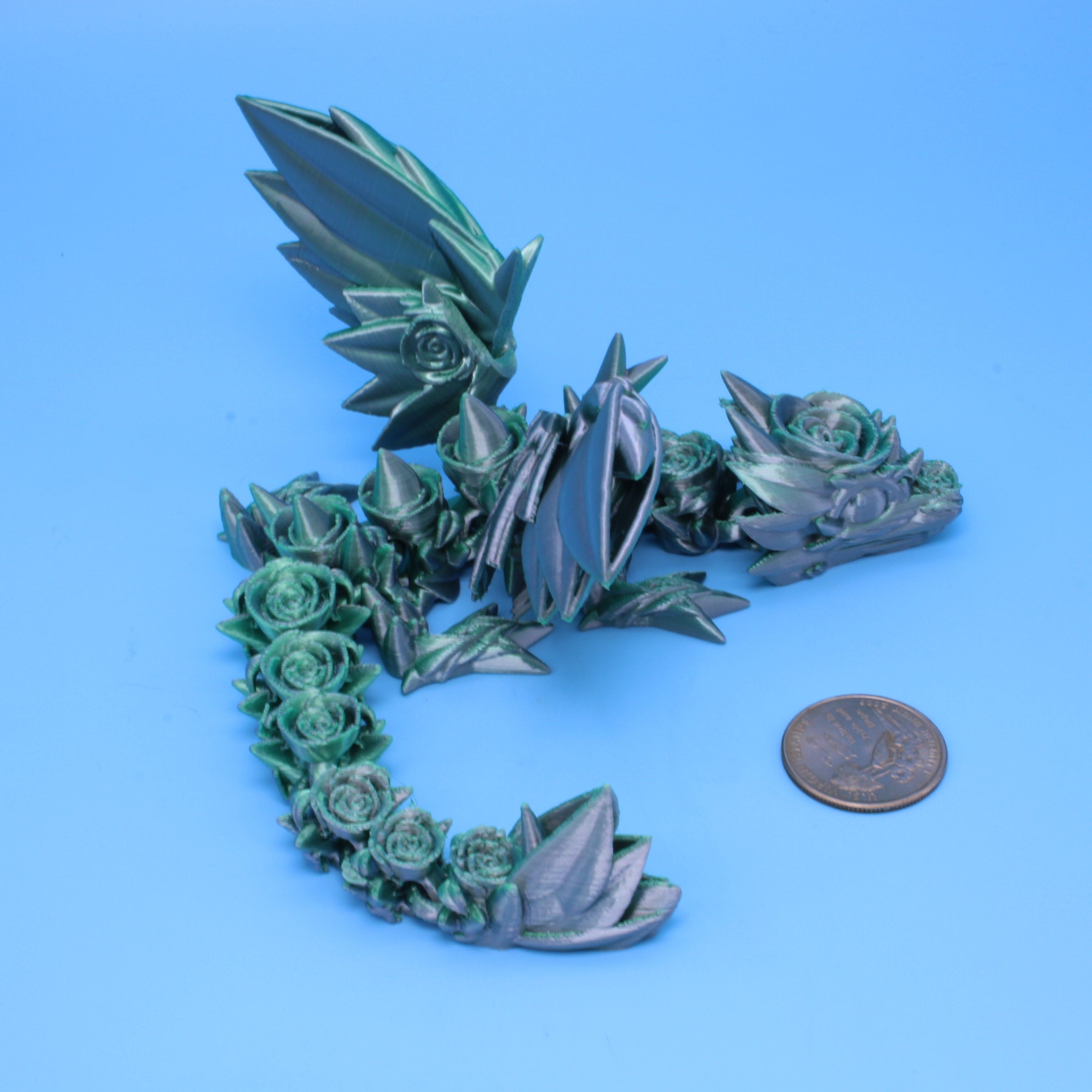 Baby Rose Wing Dragon | Green / Silver | 3D Printed 8.5 in.