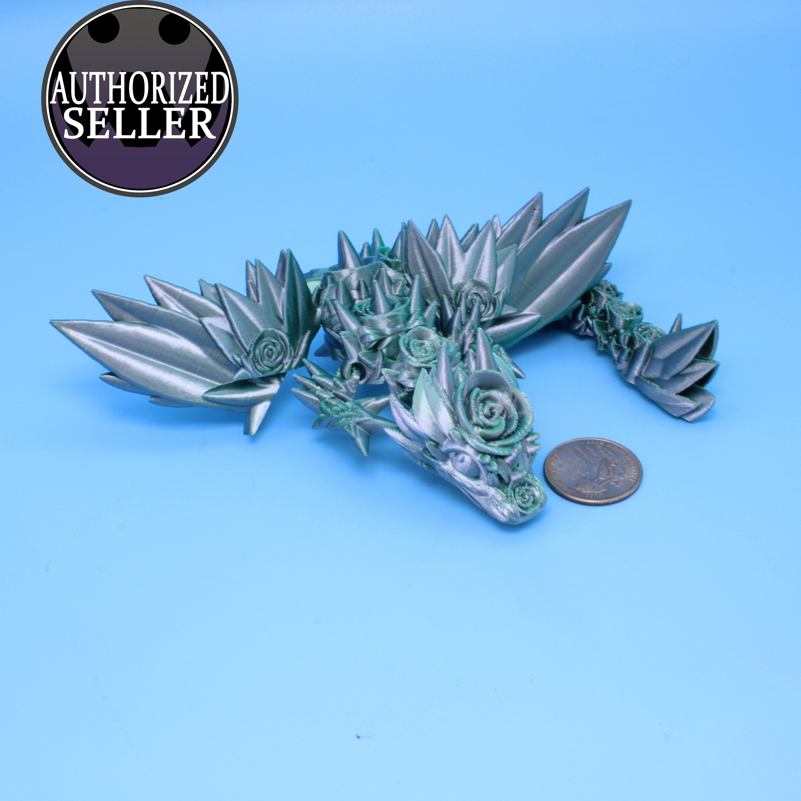 Baby Rose Wing Dragon | Green / Silver | 3D Printed 8.5 in.